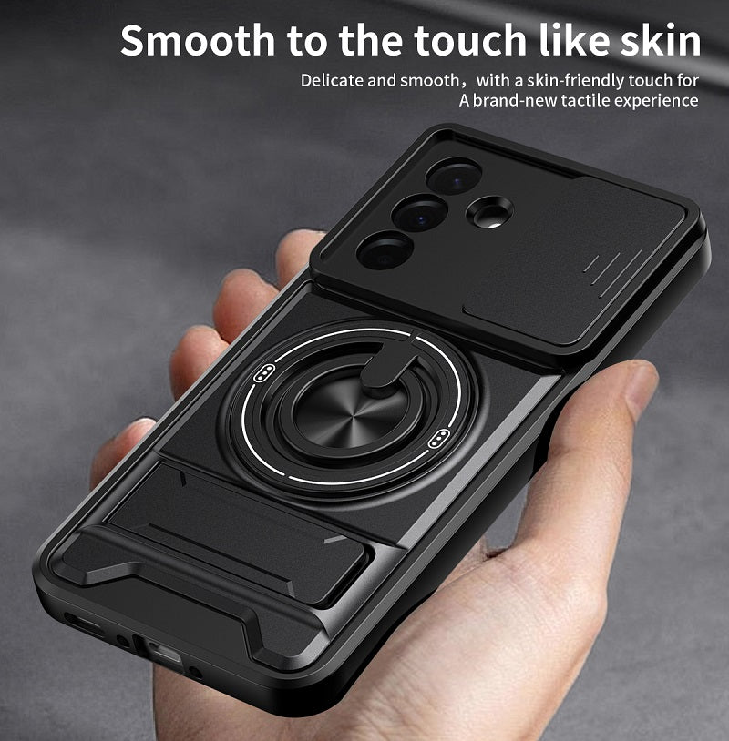 Luxury Slide Camera Lens Cover Case for Samsung Galaxy A36 5G, Built-in Ring Stand and Folding Stand Magnetic Protective Case