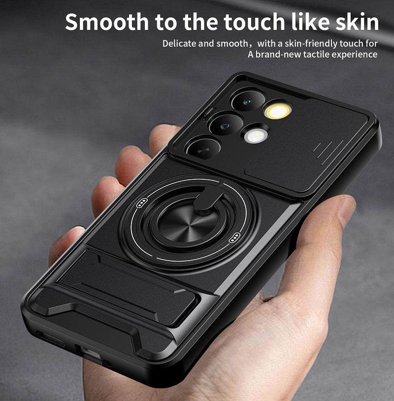 Luxury Slide Camera Lens Cover Case for OPPO Realme C85 Pro 5G, Built-in Ring Stand and Folding Stand Magnetic Protective Case