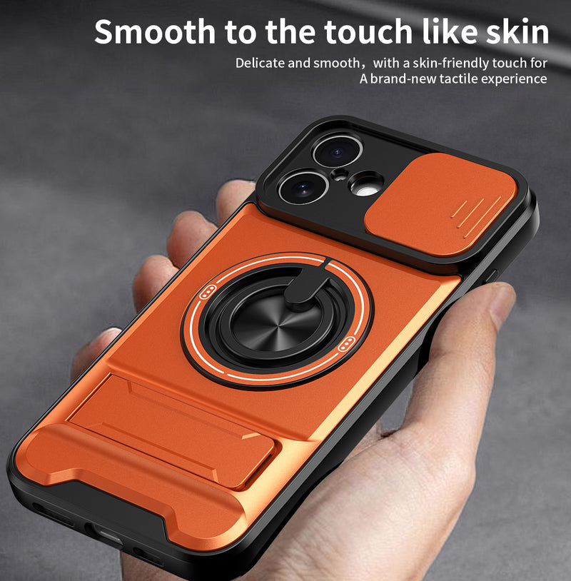 Luxury Slide Camera Lens Cover Case for iPhone 16 Plus, Built-in Ring Stand and Folding Stand Magnetic Protective Case