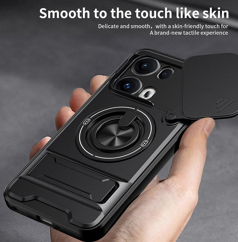 Luxury Slide Camera Lens Cover Case for OPPO Reno 13 Pro 5G, Built-in Ring Stand and Folding Stand Magnetic Protective Case