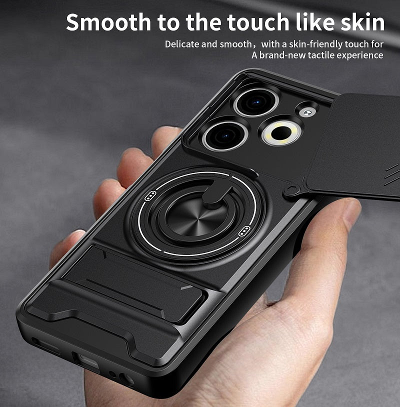 Luxury Slide Camera Lens Cover Case for Tecno Pova 6 Neo 4G, Built-in Ring Stand and Folding Stand Magnetic Protective Case