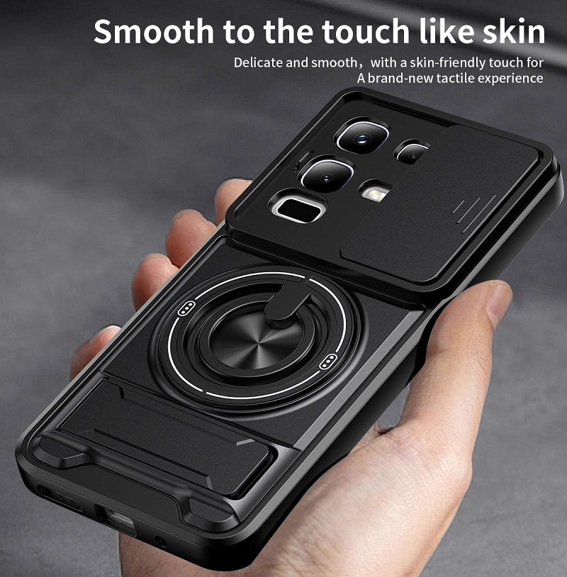 Luxury Slide Camera Lens Cover Case for Infinix Note 50X 5G, Built-in Ring Stand and Folding Stand Magnetic Protective Case