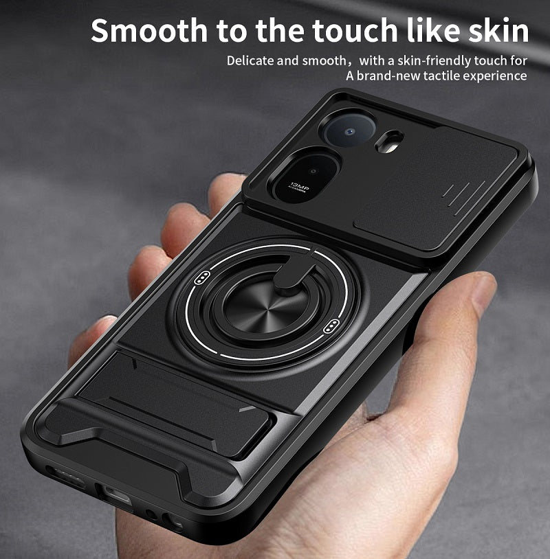 Luxury Slide Camera Lens Cover Case for Xiaomi Redmi A7 Pro 4G, Built-in Ring Stand and Folding Stand Magnetic Protective Case