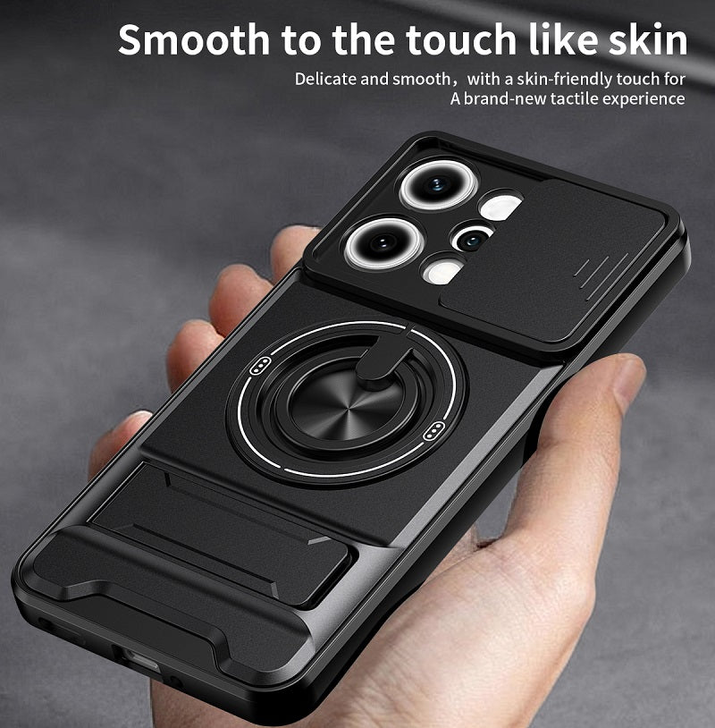 Luxury Slide Camera Lens Cover Case for OPPO Reno 14 Pro 5G, Built-in Ring Stand and Folding Stand Magnetic Protective Case