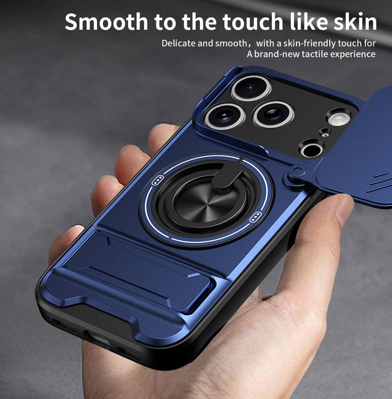 Luxury Slide Camera Lens Cover Case for iPhone 17 Pro, Built-in Ring Stand and Folding Stand Magnetic Protective Case