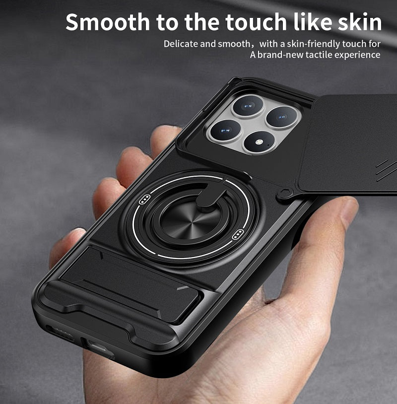 Luxury Slide Camera Lens Cover Case for Xiaomi Poco F8 Pro, Built-in Ring Stand and Folding Stand Magnetic Protective Case