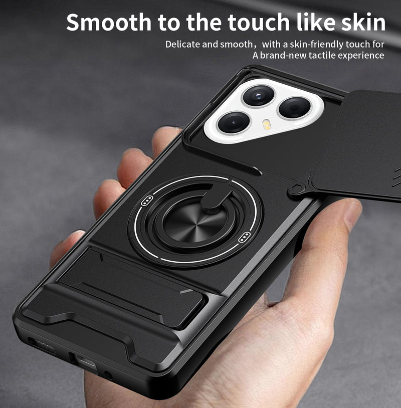 Luxury Slide Camera Lens Cover Case for Tecno Pova 7 5G, Built-in Ring Stand and Folding Stand Magnetic Protective Case