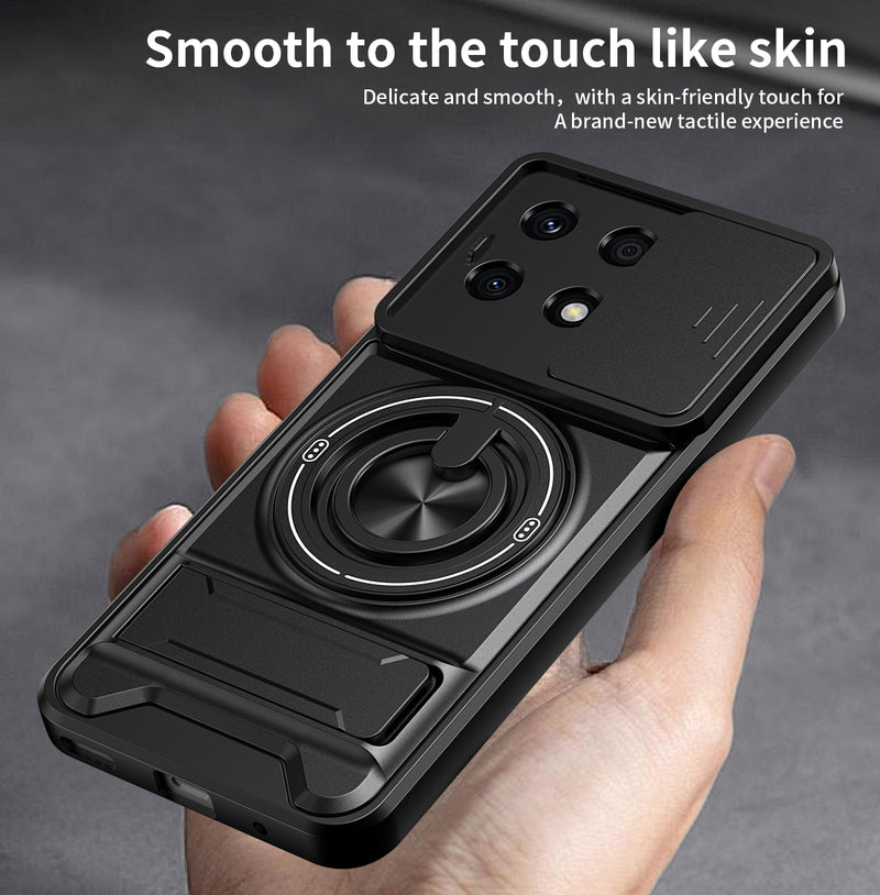 Luxury Slide Camera Lens Cover Case for Honor X8A 4G, Built-in Ring Stand and Folding Stand Magnetic Protective Case