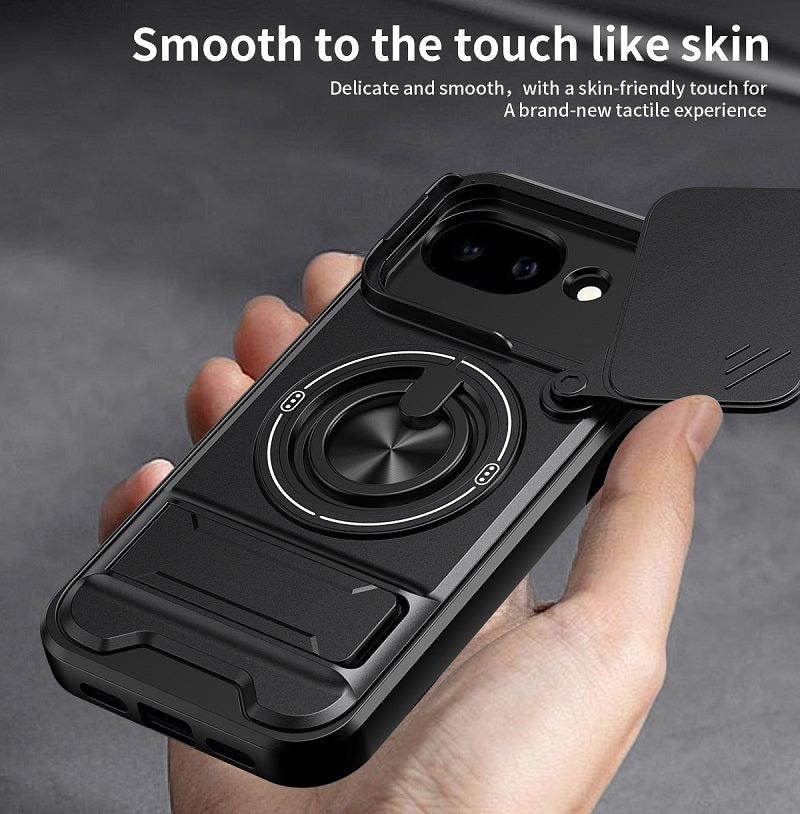 Luxury Slide Camera Lens Cover Case for Google Pixel 10A, Built-in Ring Stand and Folding Stand Magnetic Protective Case