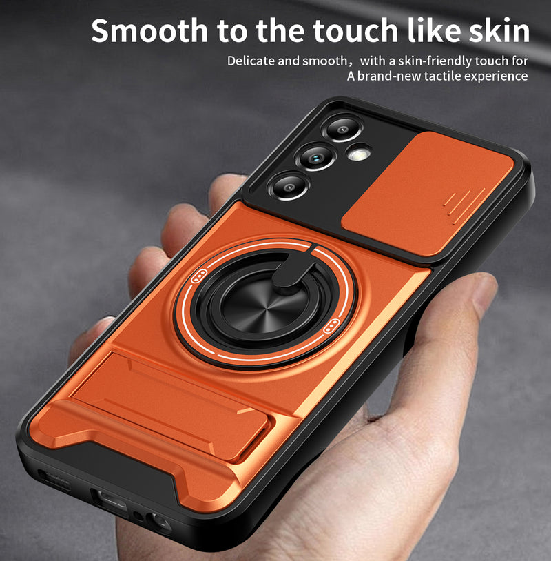 Luxury Slide Camera Lens Cover Case for Samsung Galaxy A14 5G/4G, Built-in Ring Stand and Folding Stand Magnetic Protective Case