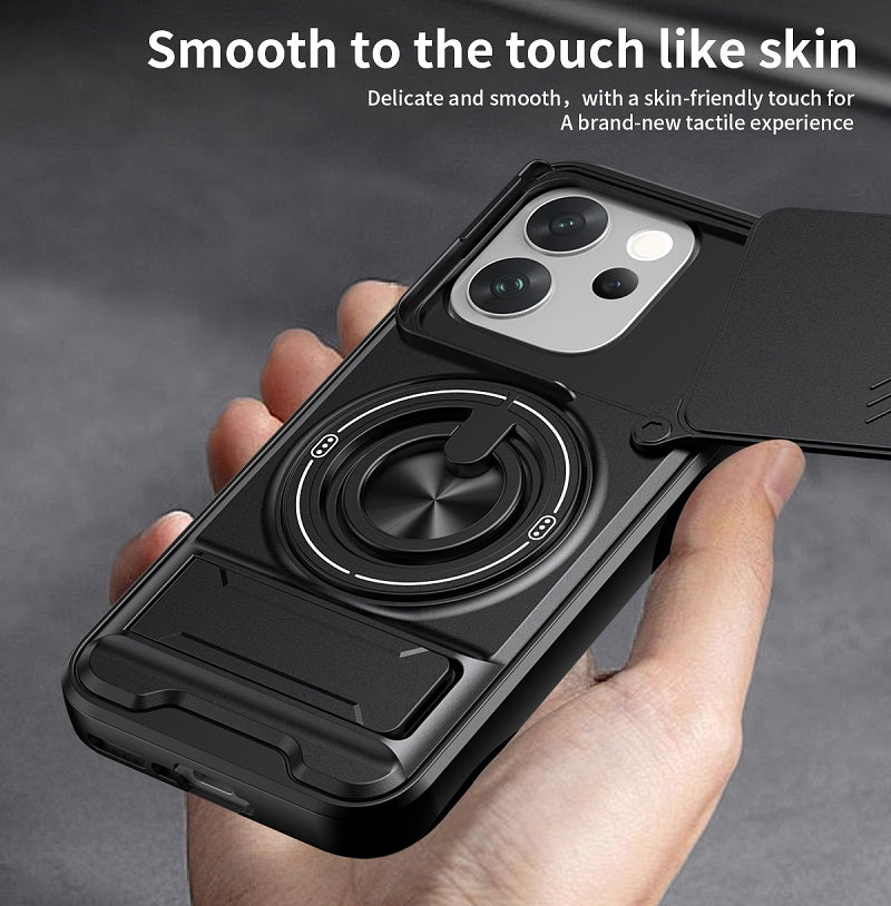 Luxury Slide Camera Lens Cover Case for Vivo V70 5G, Built-in Ring Stand and Folding Stand Magnetic Protective Case