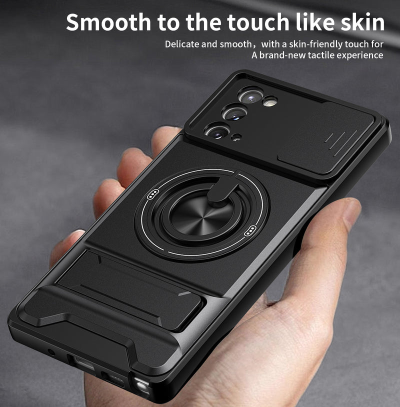 Luxury Slide Camera Lens Cover Case for Samsung Galaxy Note 20, Built-in Ring Stand and Folding Stand Magnetic Protective Case