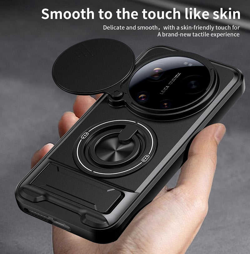 Luxury Slide Camera Lens Cover Case for Xiaomi 17 Ultra 5G, Built-in Ring Stand and Folding Stand Magnetic Protective Case
