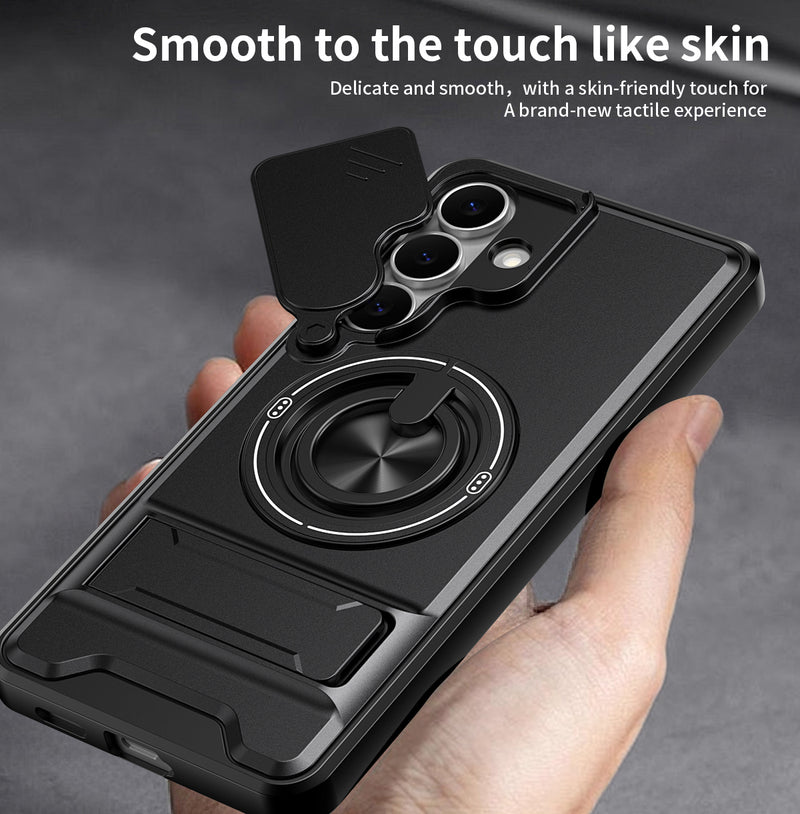 Luxury Slide Camera Lens Cover Case for Samsung Galaxy S25 FE, Built-in Ring Stand and Folding Stand Magnetic Protective Case