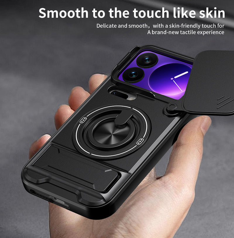Luxury Slide Camera Lens Cover Case for Xiaomi 17 Pro, Built-in Ring Stand and Folding Stand Magnetic Protective Case