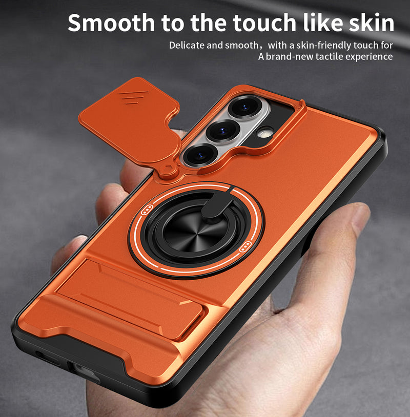 Luxury Slide Camera Lens Cover Case for Samsung Galaxy S26 Plus, Built-in Ring Stand and Folding Stand Magnetic Protective Case