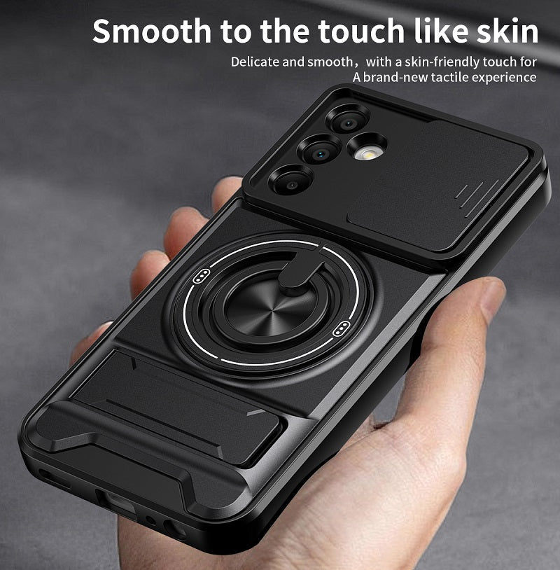 Luxury Slide Camera Lens Cover Case for Samsung Galaxy A15 5G/4G, Built-in Ring Stand and Folding Stand Magnetic Protective Case
