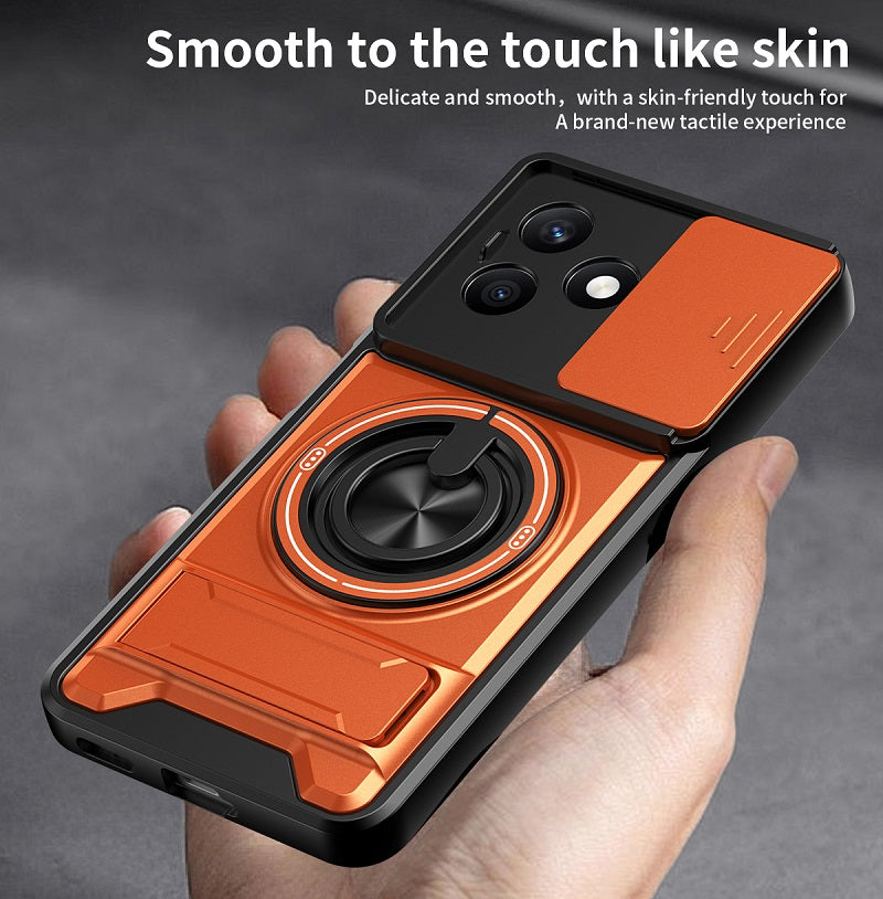 Luxury Slide Camera Lens Cover Case for Honor X8D, Built-in Ring Stand and Folding Stand Magnetic Protective Case