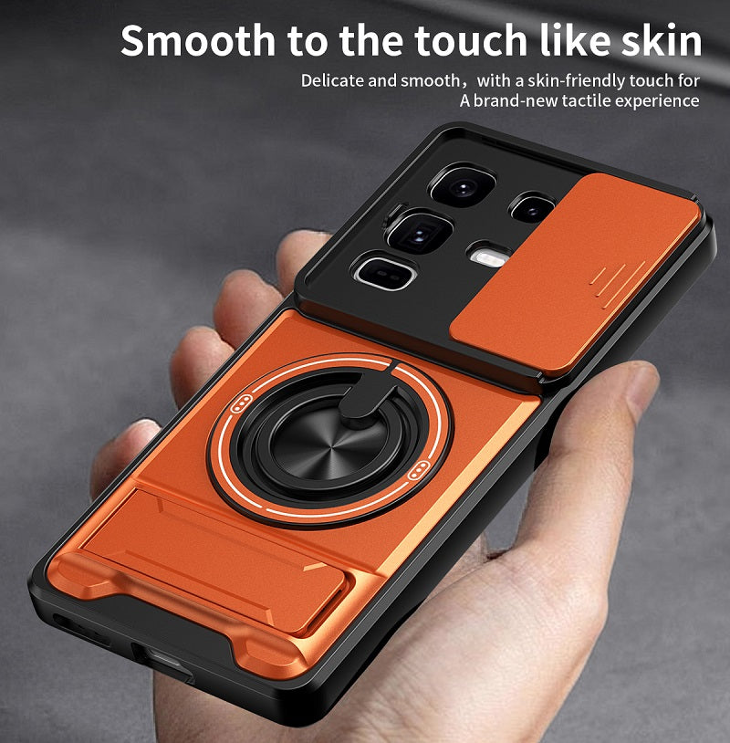 Luxury Slide Camera Lens Cover Case for Infinix Note 50 Pro+/Plus 5G, Built-in Ring Stand and Folding Stand Magnetic Protective Case