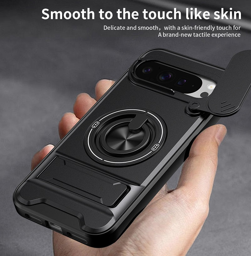 Luxury Slide Camera Lens Cover Case for Google Pixel 9 Pro XL, Built-in Ring Stand and Folding Stand Magnetic Protective Case