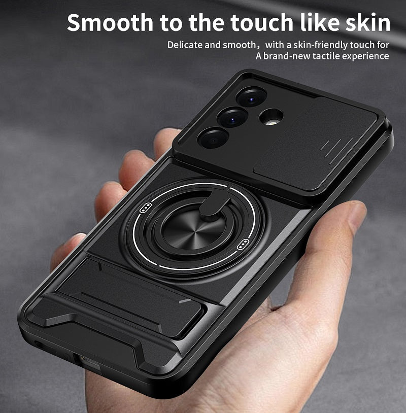 Luxury Slide Camera Lens Cover Case for Samsung Galaxy A56 5G, Built-in Ring Stand and Folding Stand Magnetic Protective Case