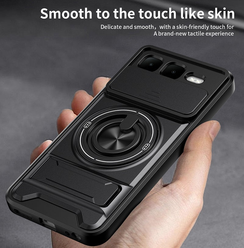 Luxury Slide Camera Lens Cover Case for Infinix Smart 10 Plus 4G, Built-in Ring Stand and Folding Stand Magnetic Protective Case