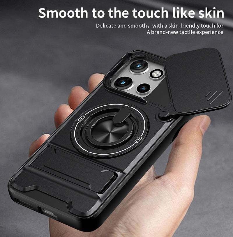 Luxury Slide Camera Lens Cover Case for Motorola Edge 50 Neo 5G, Built-in Ring Stand and Folding Stand Magnetic Protective Case