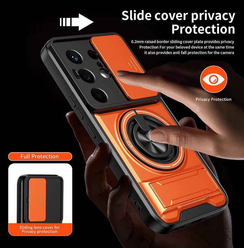 Luxury Slide Camera Lens Cover Case for Tecno Camon 50 4G, Built-in Ring Stand and Folding Stand Magnetic Protective Case