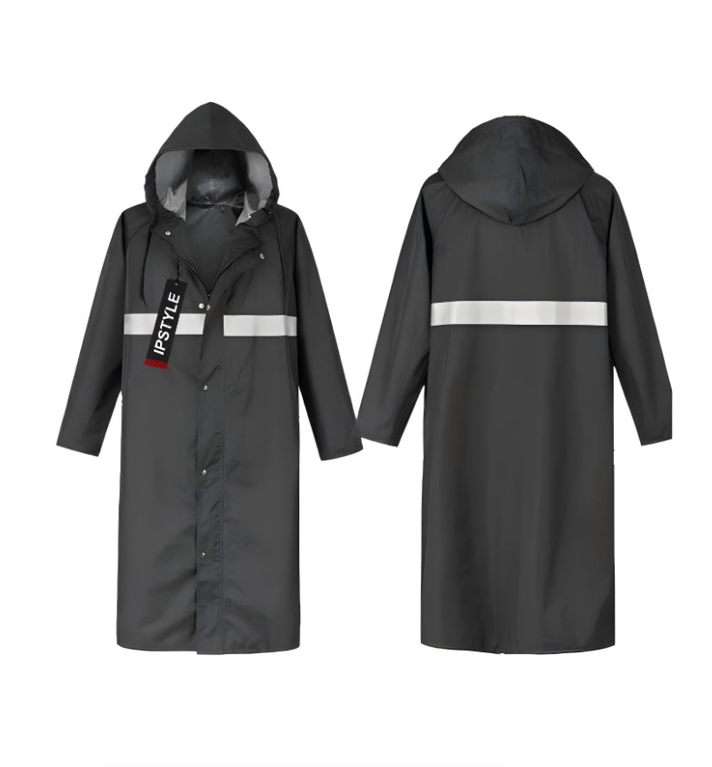Men Raincoat with Hat Shiny Reflective Strip Long Coat Outdoor Rain Suit
