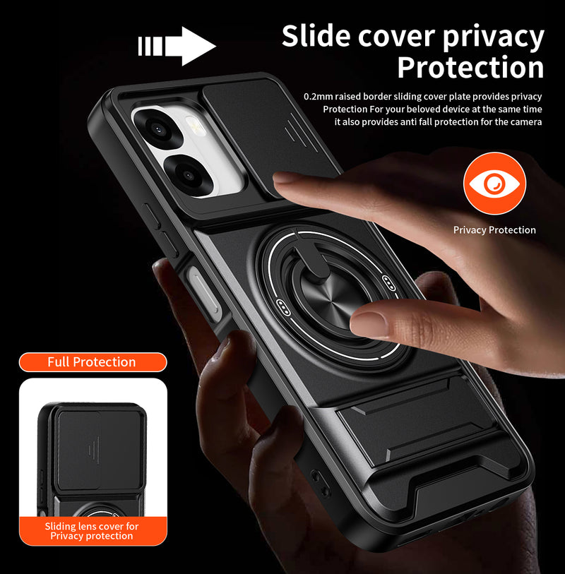Luxury Slide Camera Lens Cover Case for OPPO A6X 5G/4G, Built-in Ring Stand and Folding Stand Magnetic Protective Case