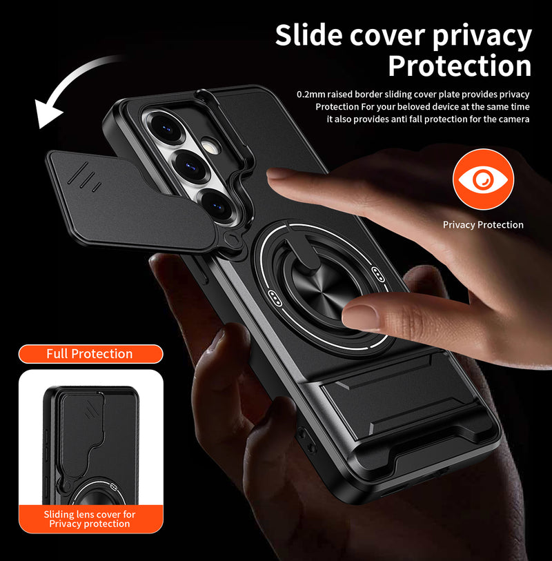 Luxury Slide Camera Lens Cover Case for Samsung Galaxy S26, Built-in Ring Stand and Folding Stand Magnetic Protective Case