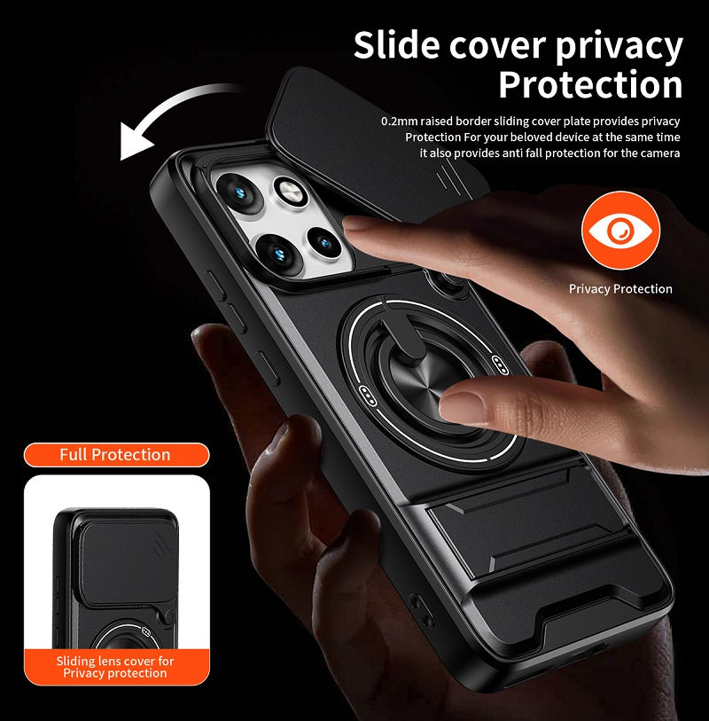 Luxury Slide Camera Lens Cover Case for Motorola Edge 50 Neo 5G, Built-in Ring Stand and Folding Stand Magnetic Protective Case