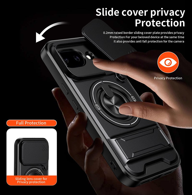 Luxury Slide Camera Lens Cover Case for Google Pixel 10A, Built-in Ring Stand and Folding Stand Magnetic Protective Case