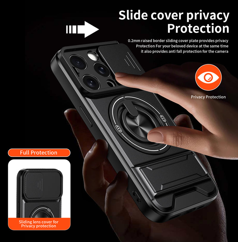 Luxury Slide Camera Lens Cover Case for iPhone 15 Pro, Built-in Ring Stand and Folding Stand Magnetic Protective Case