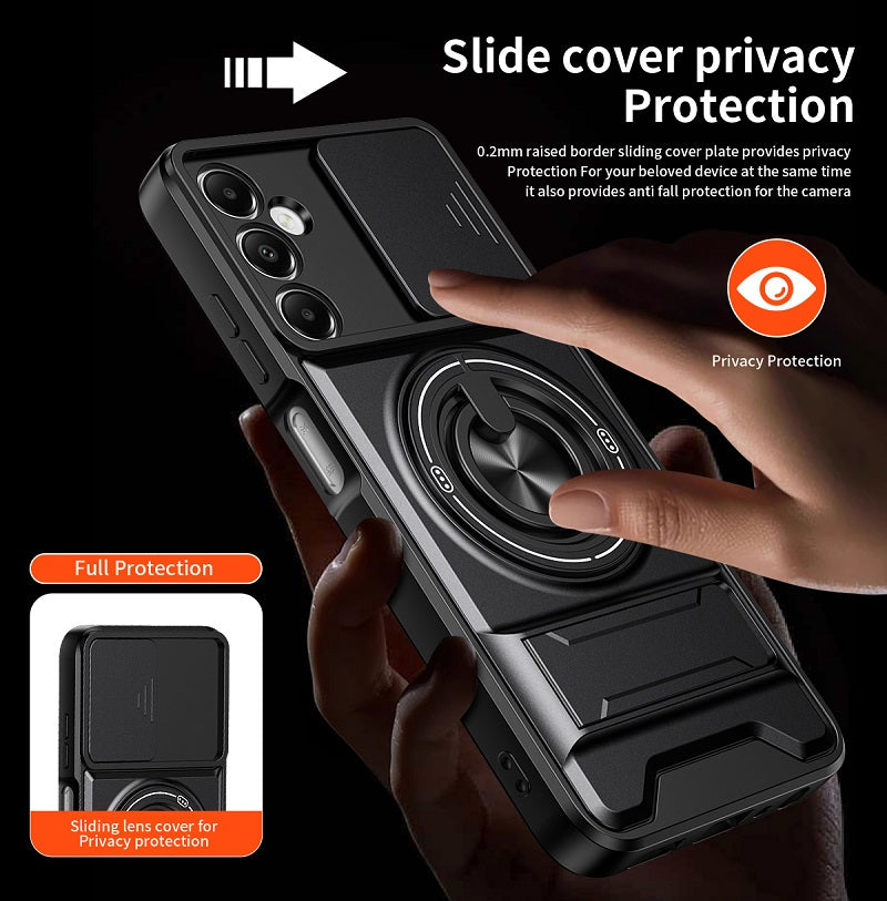Luxury Slide Camera Lens Cover Case for Samsung Galaxy A05S 4G, Built-in Ring Stand and Folding Stand Magnetic Protective Case