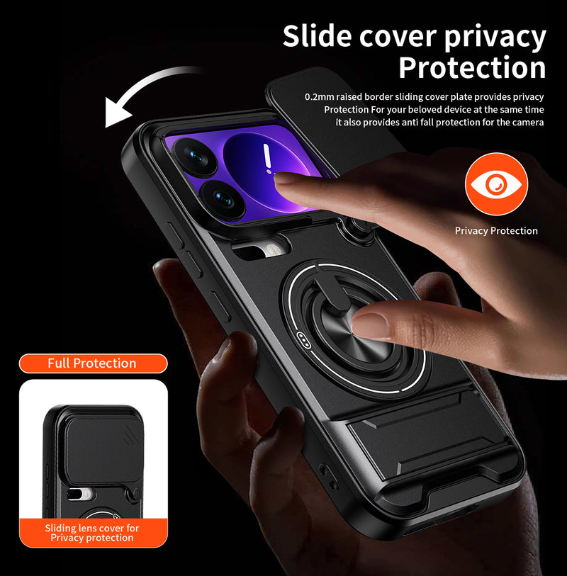 Luxury Slide Camera Lens Cover Case for Xiaomi 17 Pro, Built-in Ring Stand and Folding Stand Magnetic Protective Case