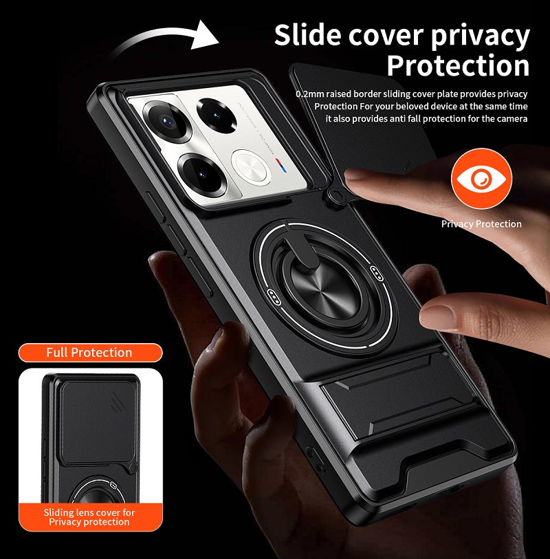 Luxury Slide Camera Lens Cover Case for Infinix Note 40 Pro 5G/4G, Built-in Ring Stand and Folding Stand Magnetic Protective Case