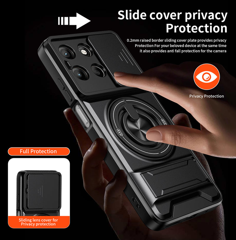 Luxury Slide Camera Lens Cover Case for Motorola Moto G15 4G, Built-in Ring Stand and Folding Stand Magnetic Protective Case