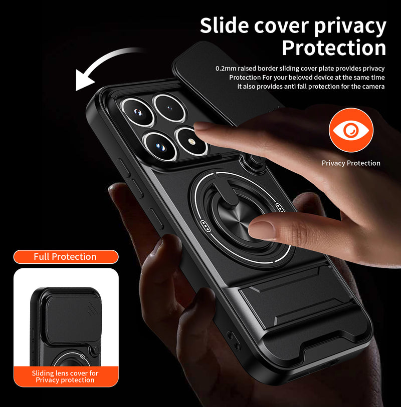 Luxury Slide Camera Lens Cover Case for Xiaomi 17, Built-in Ring Stand and Folding Stand Magnetic Protective Case