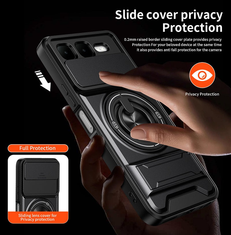 Luxury Slide Camera Lens Cover Case for Infinix Smart 10 Plus 4G, Built-in Ring Stand and Folding Stand Magnetic Protective Case