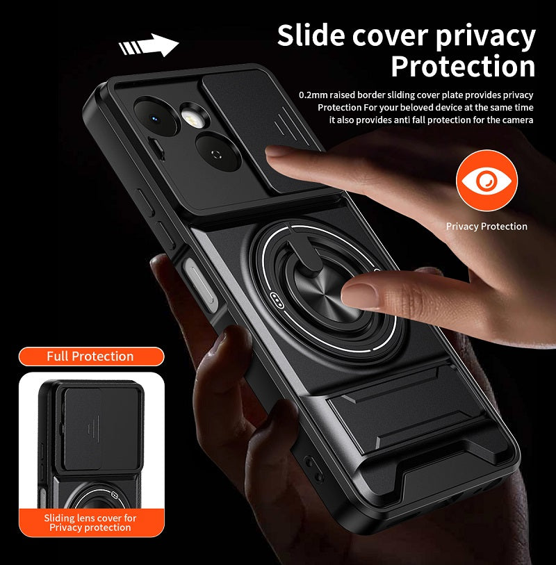 Luxury Slide Camera Lens Cover Case for Tecno Spark 40C 4G, Built-in Ring Stand and Folding Stand Magnetic Protective Case