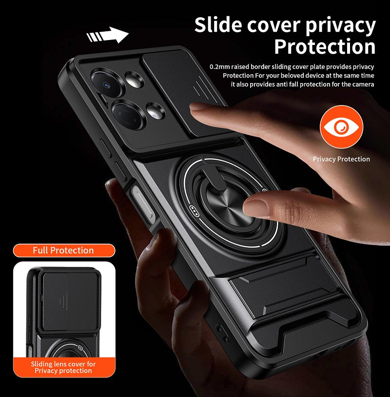 Luxury Slide Camera Lens Cover Case for Tecno Spark Go 3, Built-in Ring Stand and Folding Stand Magnetic Protective Case