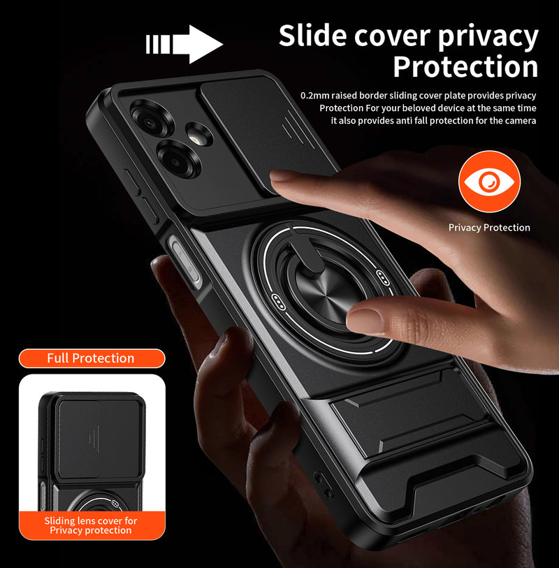 Luxury Slide Camera Lens Cover Case for Samsung Galaxy A07 4G, Built-in Ring Stand and Folding Stand Magnetic Protective Case