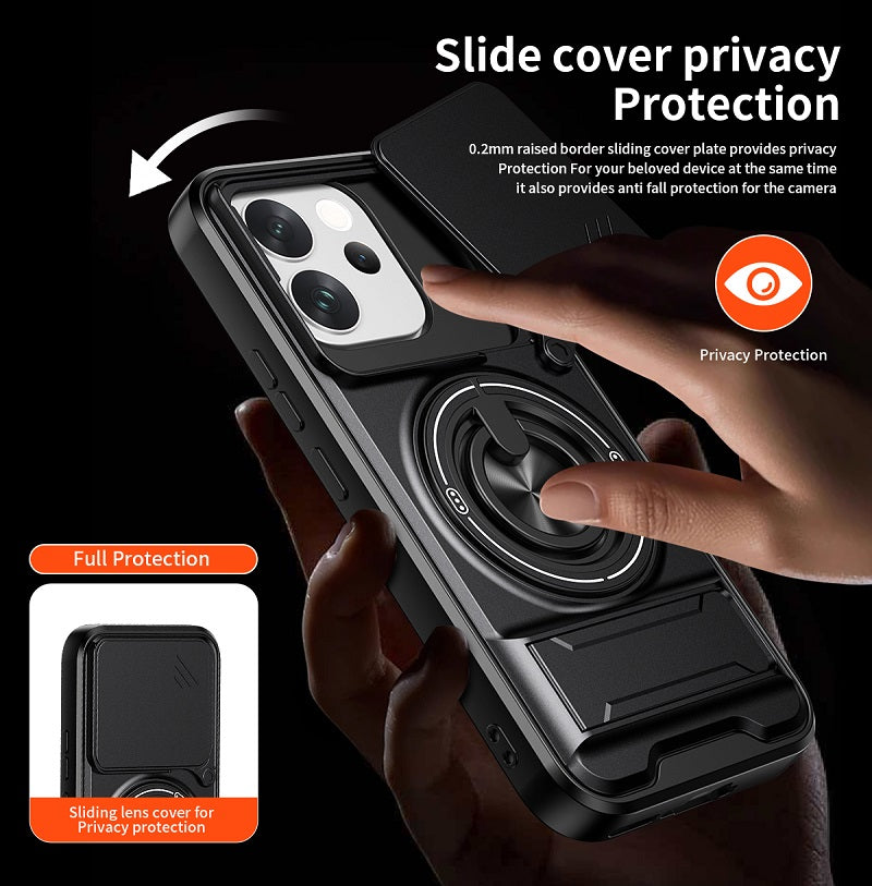 Luxury Slide Camera Lens Cover Case for Vivo V70 5G, Built-in Ring Stand and Folding Stand Magnetic Protective Case