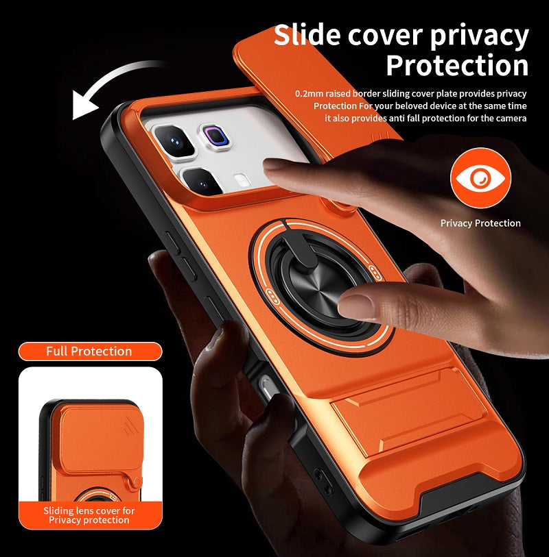Luxury Slide Camera Lens Cover Case for Infinix Note 60 Pro 5G, Built-in Ring Stand and Folding Stand Magnetic Protective Case