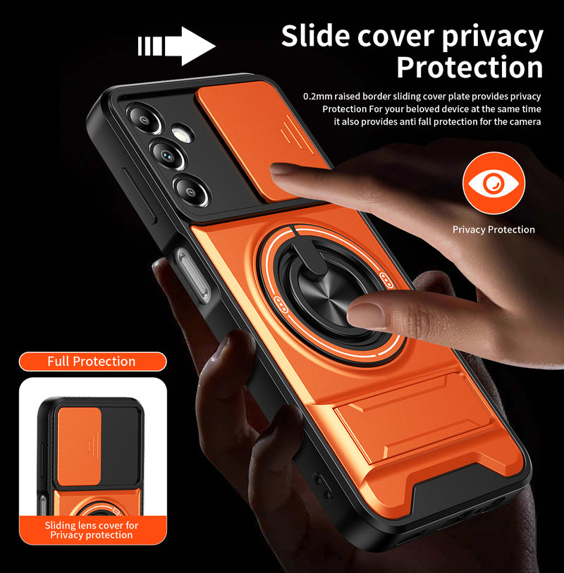 Luxury Slide Camera Lens Cover Case for Samsung Galaxy A14 5G/4G, Built-in Ring Stand and Folding Stand Magnetic Protective Case