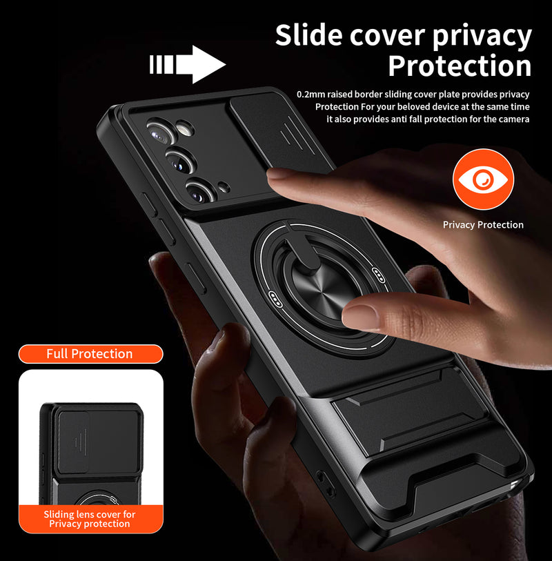 Luxury Slide Camera Lens Cover Case for Samsung Galaxy Note 20, Built-in Ring Stand and Folding Stand Magnetic Protective Case