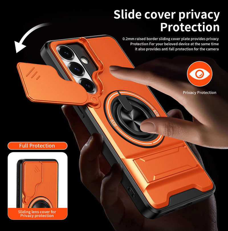 Luxury Slide Camera Lens Cover Case for Samsung Galaxy S26 Plus, Built-in Ring Stand and Folding Stand Magnetic Protective Case