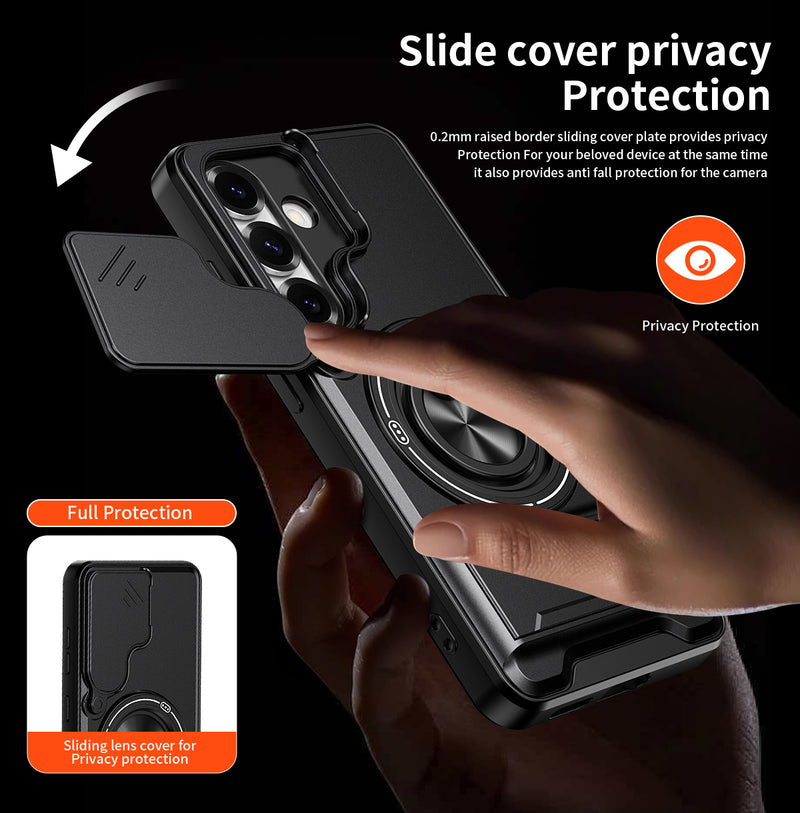 Luxury Slide Camera Lens Cover Case for Samsung Galaxy S25, Built-in Ring Stand and Folding Stand Magnetic Protective Case
