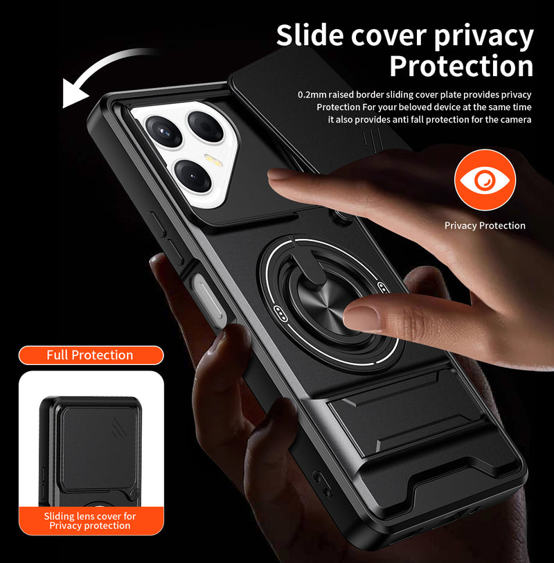 Luxury Slide Camera Lens Cover Case for Tecno Pova 7 5G, Built-in Ring Stand and Folding Stand Magnetic Protective Case